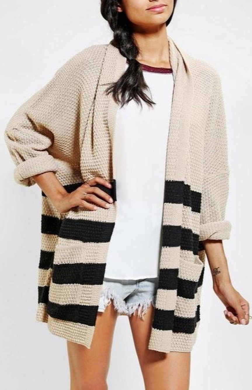 BDG tan and black striped open knit chunky cardigan sweater Lrg Oversized Boho